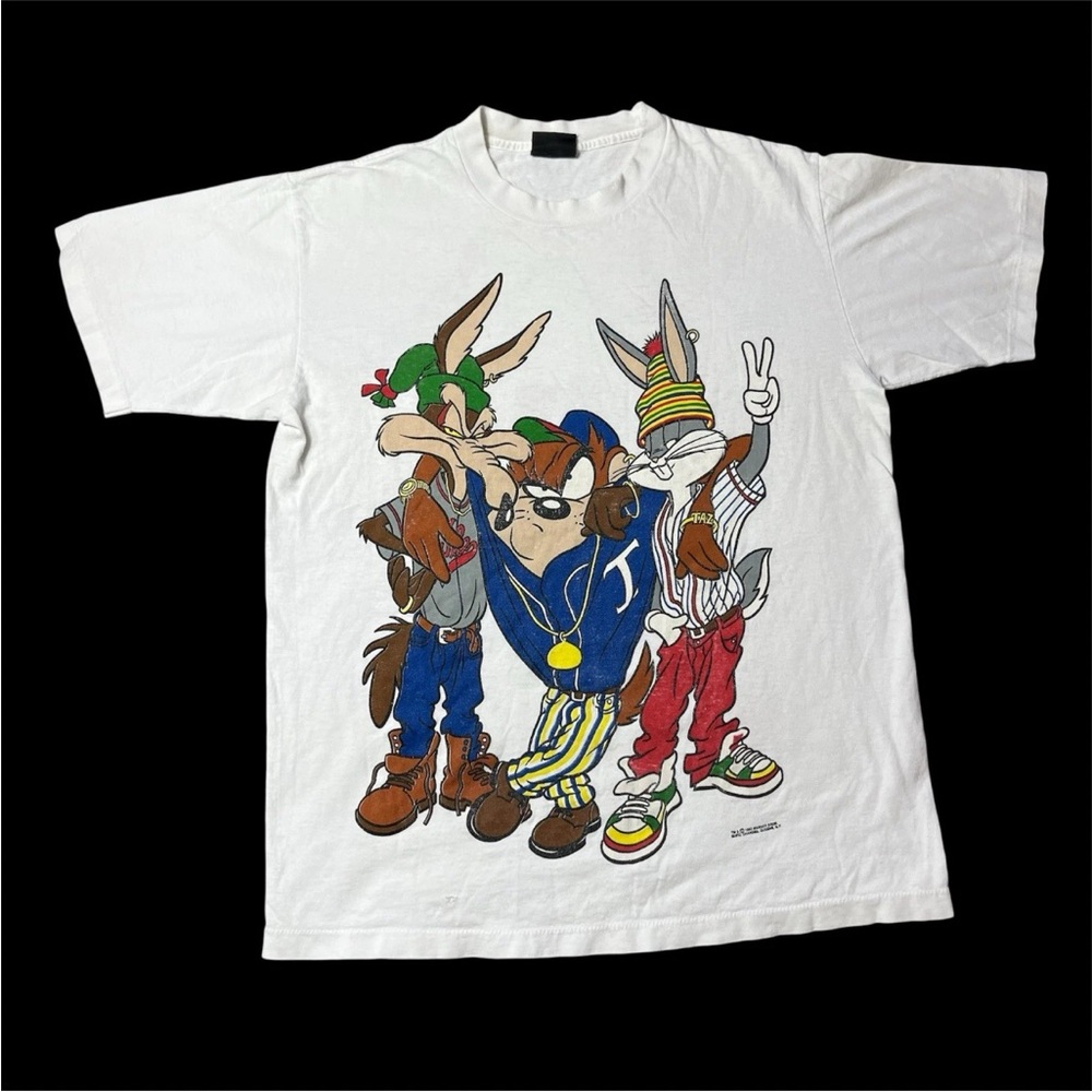 Vintage 90s Looney Tunes Hip Hop White Double Sided T Shirt *Worn